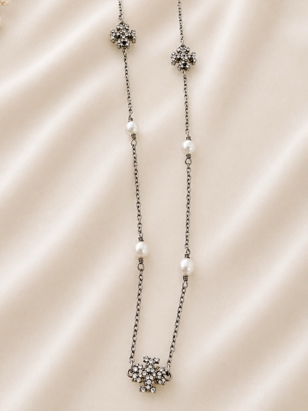 Tory Burch Delicate Pearl and Crystal Station Necklace - Silver Tone - Picture 4 of 5